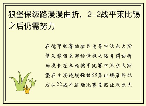 狼堡保级路漫漫曲折，2-2战平莱比锡之后仍需努力